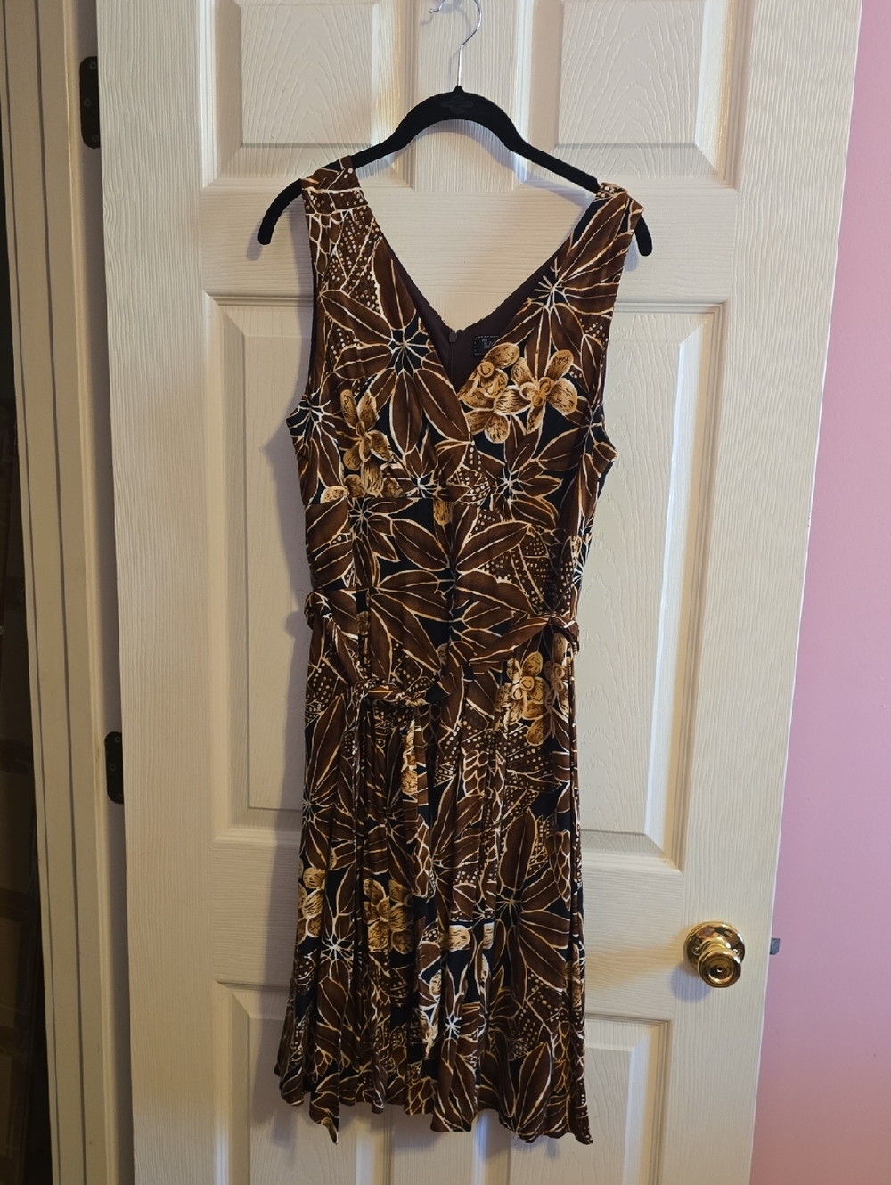 Brown Floral V-Neck Midi Dress